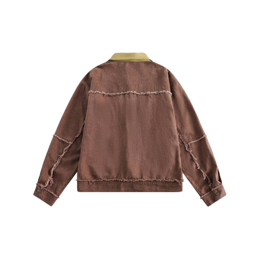 GrogeousBen   Unisex 2024 American retro frayed edge embroidered color-block work jacket, unisex trendy loose-fitting niche casual outerwear.