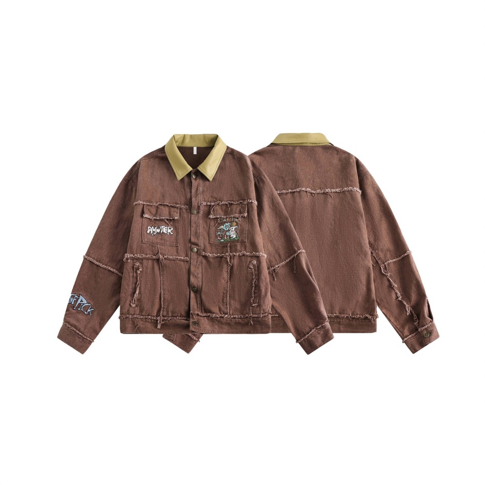 GrogeousBen   Unisex 2024 American retro frayed edge embroidered color-block work jacket, unisex trendy loose-fitting niche casual outerwear.
