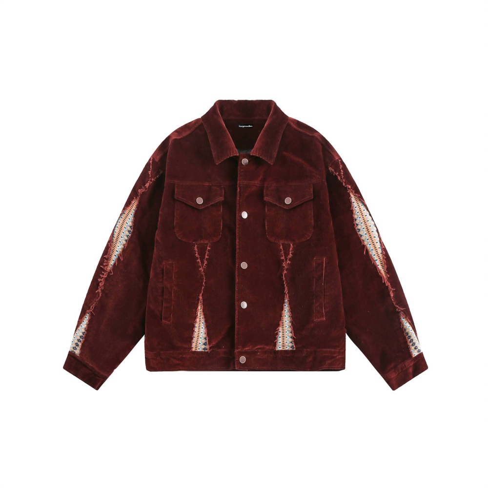 GrogeousBen   Unisex 2024 new retro patchwork ethnic style corduroy jacket for men and women, 2024 spring  lapel work jacket.