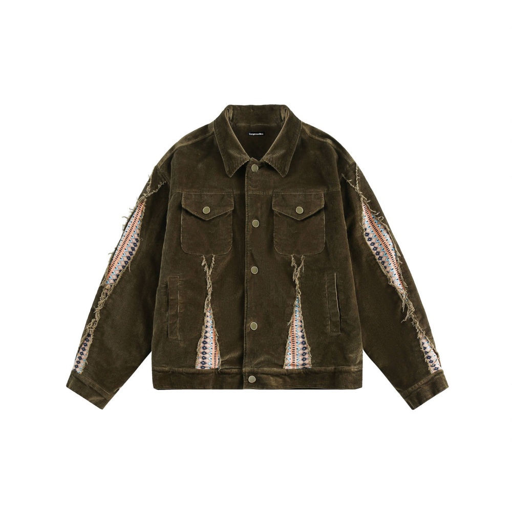 GrogeousBen   Unisex 2024 new retro patchwork ethnic style corduroy jacket for men and women, 2024 spring  lapel work jacket.