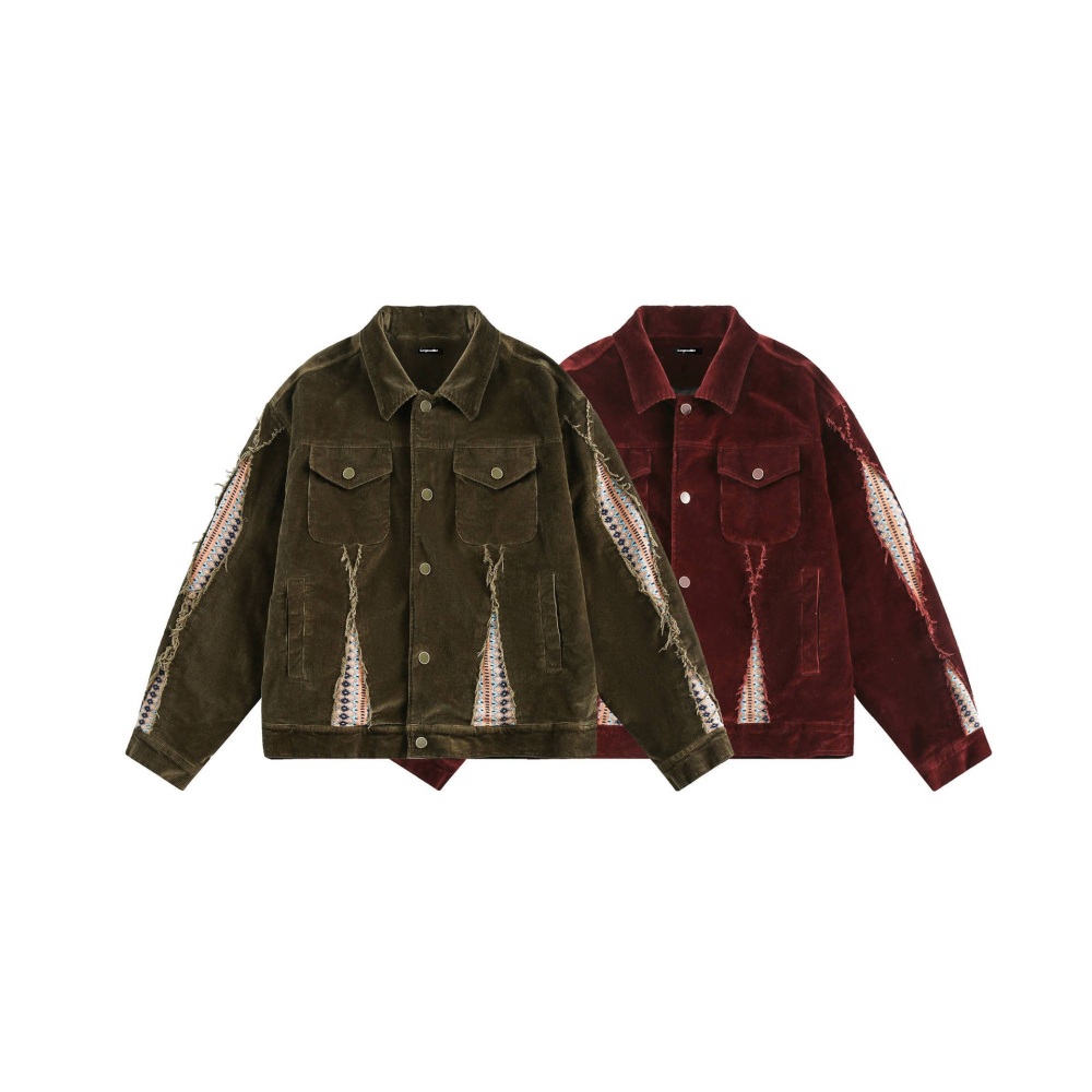 GrogeousBen   Unisex 2024 new retro patchwork ethnic style corduroy jacket for men and women, 2024 spring  lapel work jacket.