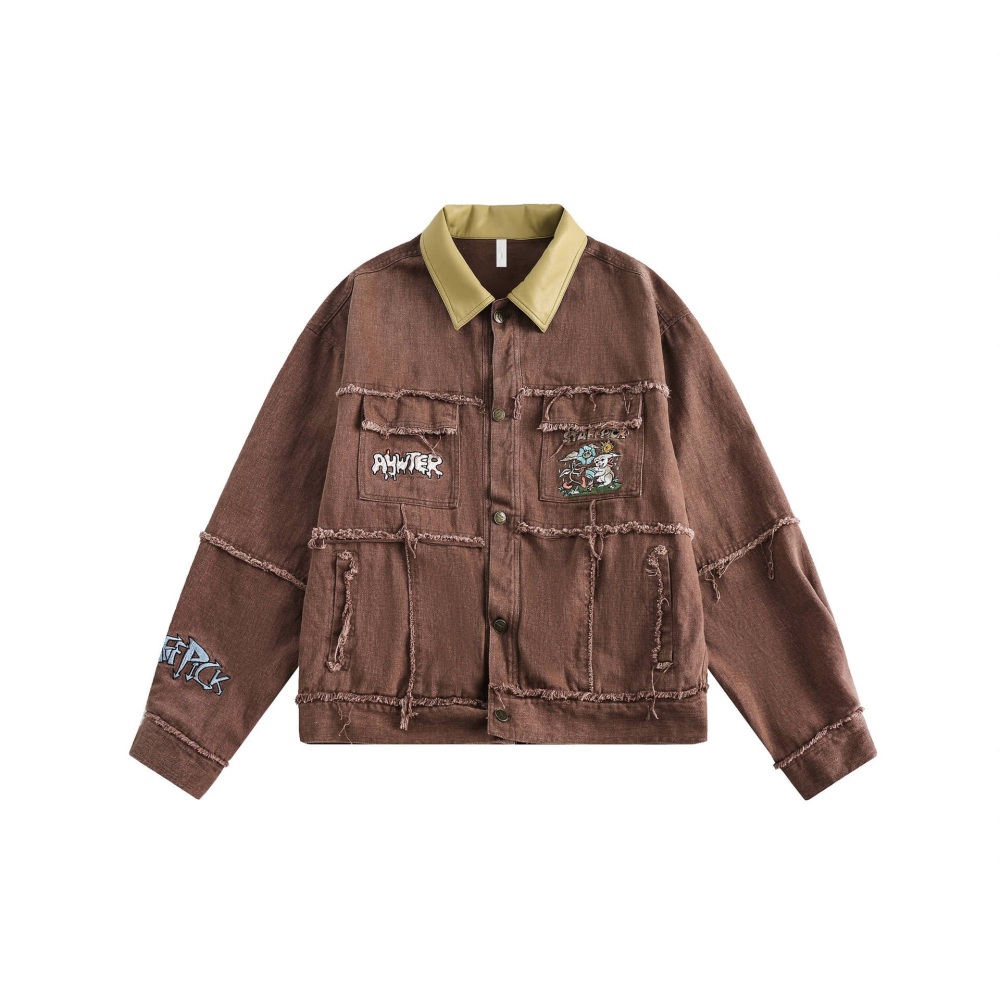 GrogeousBen   Unisex 2024 American retro frayed edge embroidered color-block work jacket, unisex trendy loose-fitting niche casual outerwear.