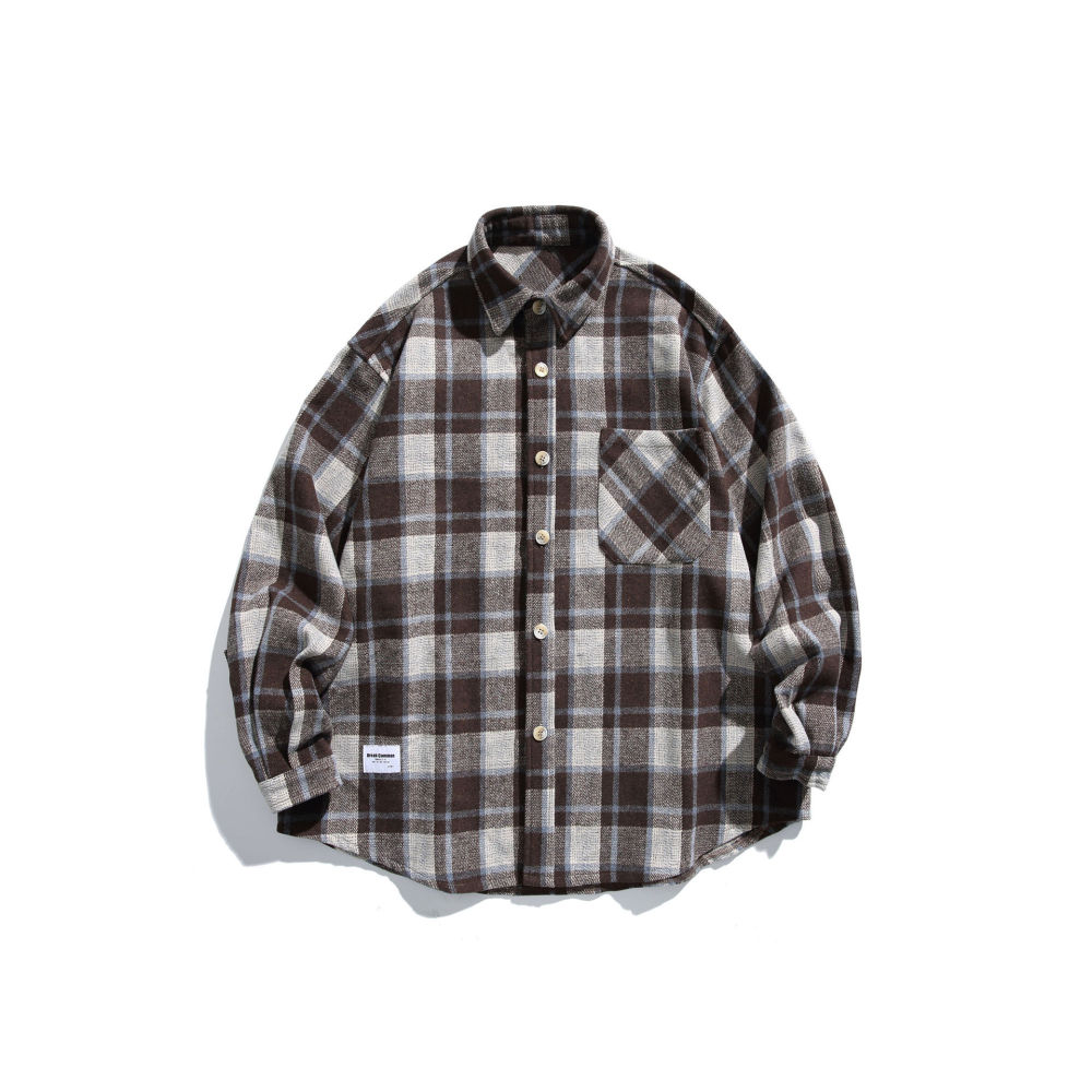 GrogeousBen   Unisex 2024 National Tide Brushed Plaid Classic Shirt Autumn and Winter Men's Daily Commute Trend Loose All-Match Couple Outerwear