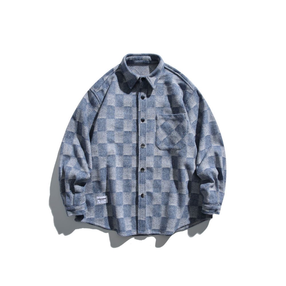 GrogeousBen   Unisex 2024  retro color-blocked plaid collar casual shirt for boys spring new loose-fitting shirt