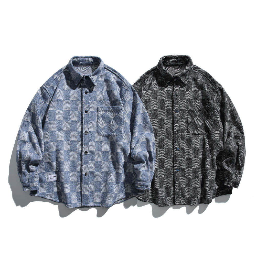 GrogeousBen   Unisex 2024  retro color-blocked plaid collar casual shirt for boys spring new loose-fitting shirt