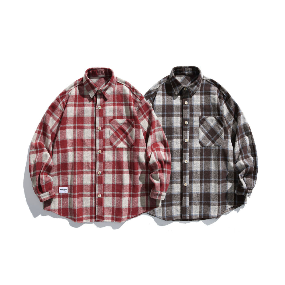 GrogeousBen   Unisex 2024 National Tide Brushed Plaid Classic Shirt Autumn and Winter Men's Daily Commute Trend Loose All-Match Couple Outerwear