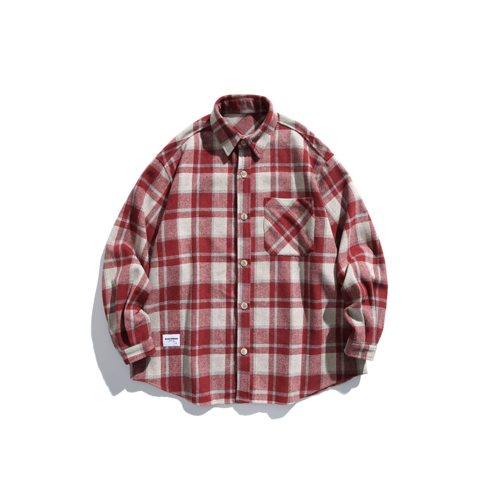 GrogeousBen   Unisex 2024 National Tide Brushed Plaid Classic Shirt Autumn and Winter Men's Daily Commute Trend Loose All-Match Couple Outerwear
