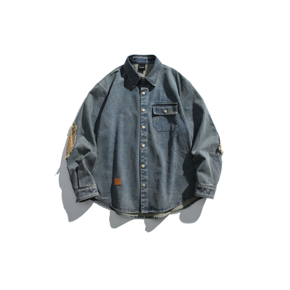 GrogeousBen   Unisex 2024 new American retro vintage worn patch washed denim jacket men's trendy street loose couple thin outerwear
