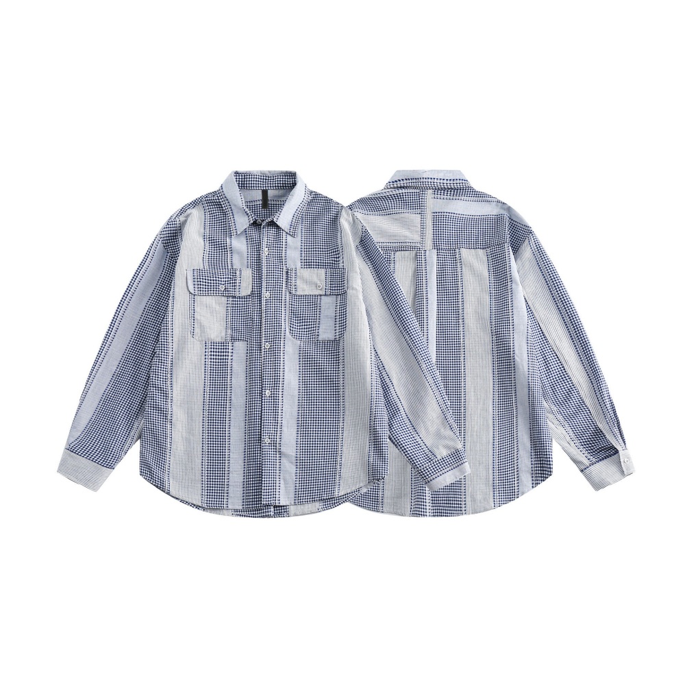 GrogeousBen   Unisex 2024 new spring new splicing blue striped shirt men's high sense forest series long-sleeved cotton shirt jacket