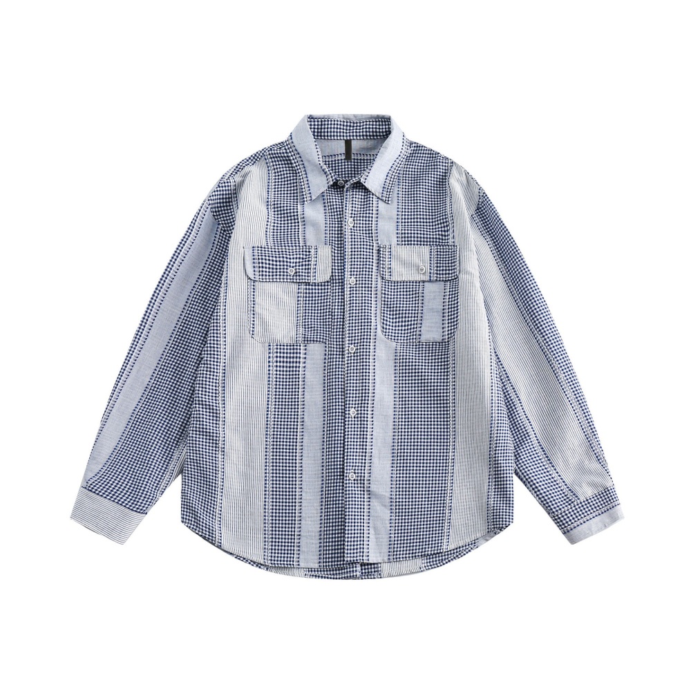 GrogeousBen   Unisex 2024 new spring new splicing blue striped shirt men's high sense forest series long-sleeved cotton shirt jacket