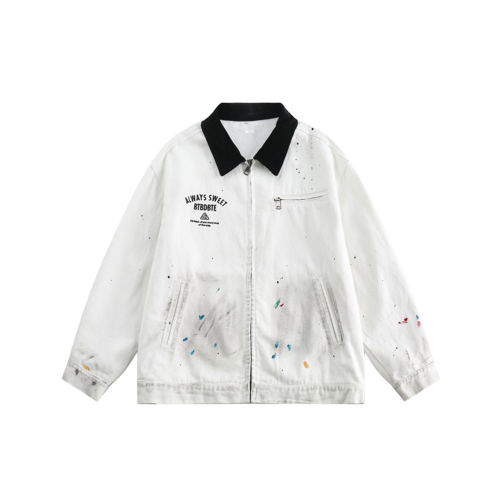 GrogeousBen   Unisex 2024 Casual graffiti design sense old color collision lapel jacket spring new fashion high street destroyed windbreaker