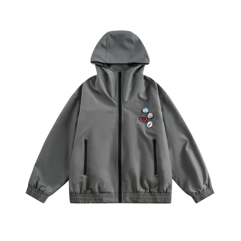 GrogeousBen   Unisex 2024 new trendy simple badge solid color hooded assault jacket men's retro loose trendy versatile casual jacket