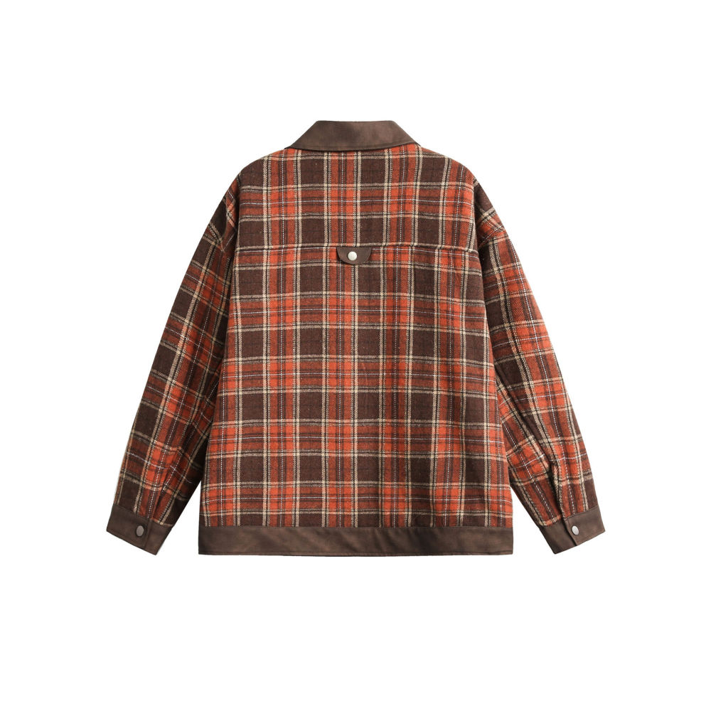GrogeousBen   Unisex 2024 new American PU leather patchwork checkered niche lapel jacket men's and women's spring loose trend couple coat