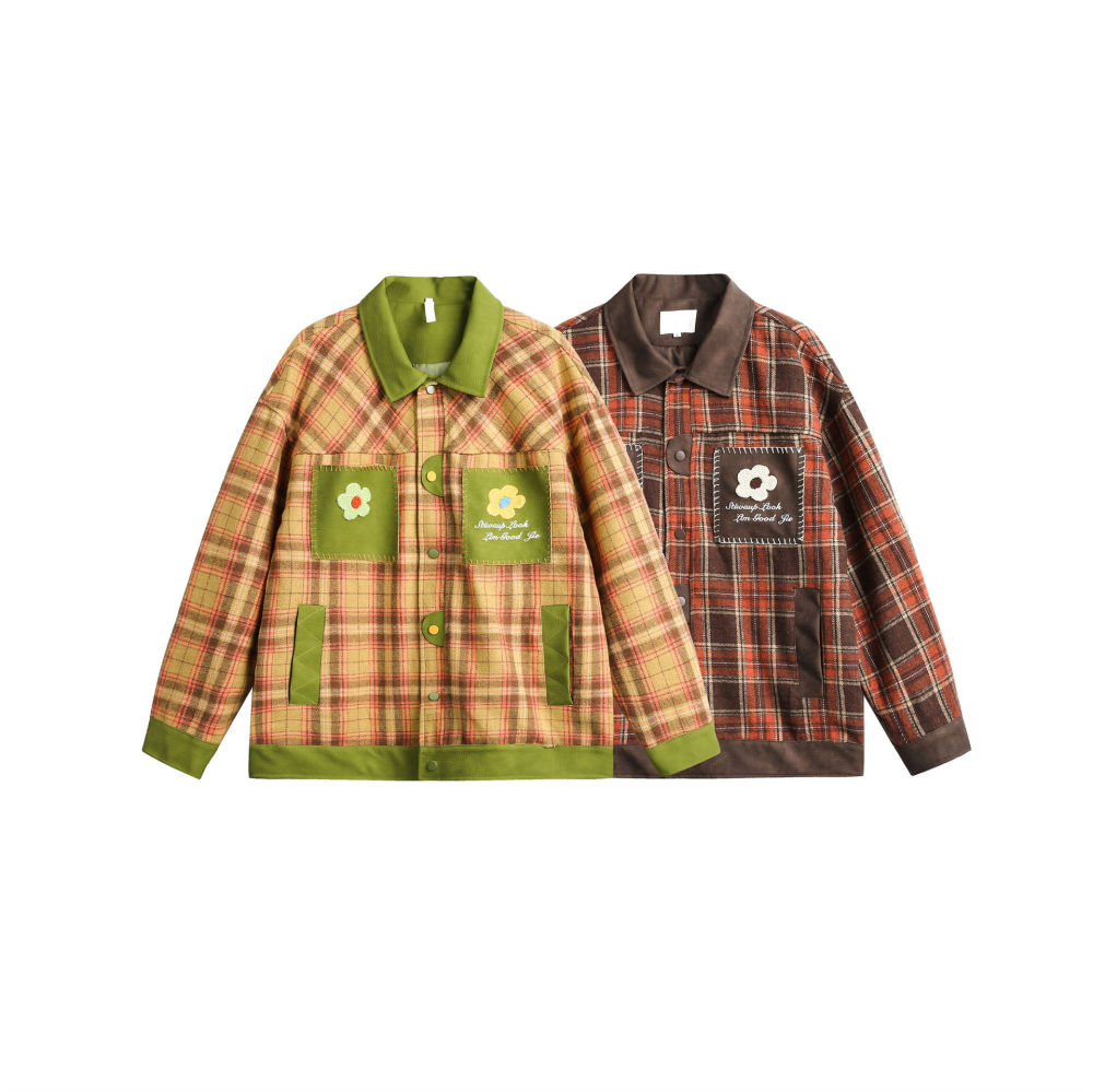 GrogeousBen   Unisex 2024 new American PU leather patchwork checkered niche lapel jacket men's and women's spring loose trend couple coat