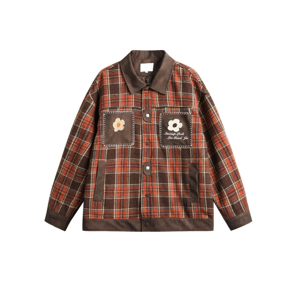 GrogeousBen   Unisex 2024 new American PU leather patchwork checkered niche lapel jacket men's and women's spring loose trend couple coat