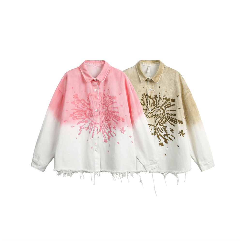 GrogeousBen   Unisex 2024 new American hip hop gradient drop dye printed lapel jacket men's and women's fashion brand loose do old cat beard coat