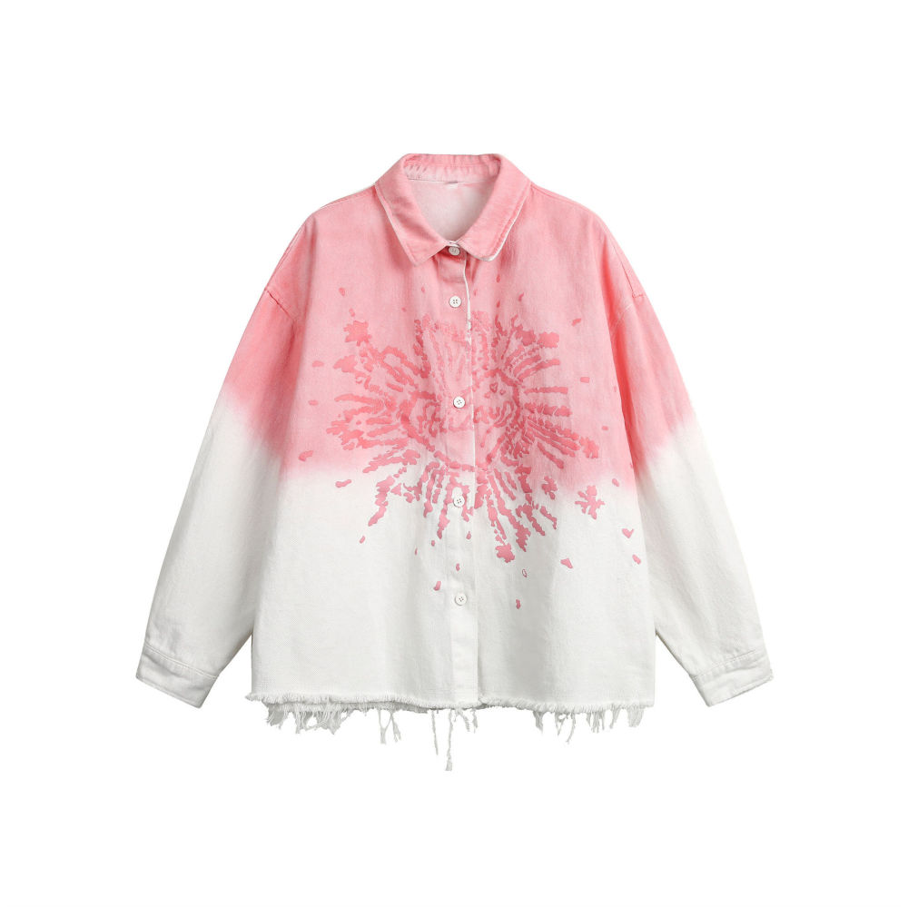 GrogeousBen   Unisex 2024 new American hip hop gradient drop dye printed lapel jacket men's and women's fashion brand loose do old cat beard coat