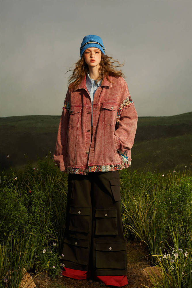 GorgeousBen Retro make old spring new niche design style American denim contrasting patchwork jacket jacket