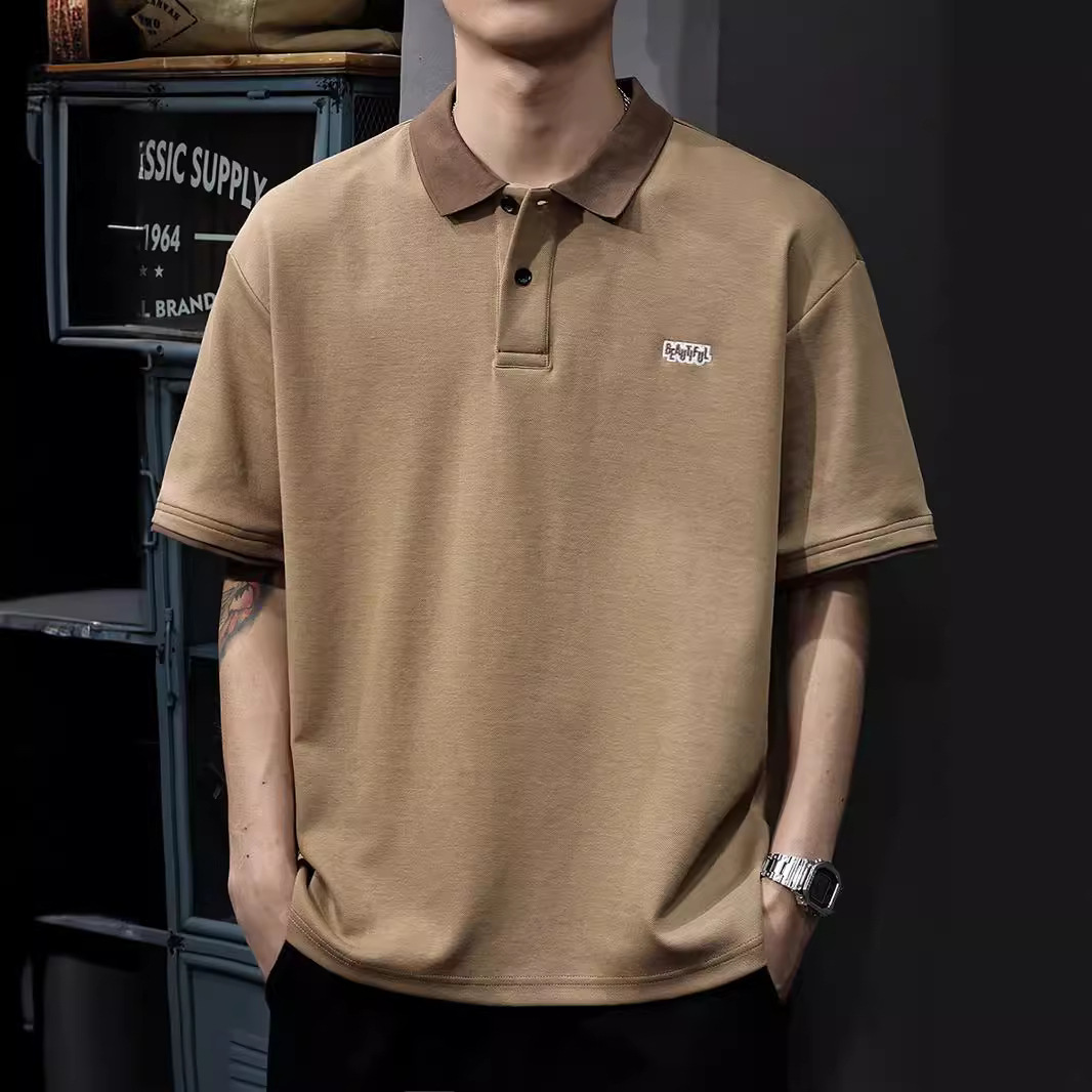 GorgeousBen Short-sleeved polo shirt men embroidered alphabet lapel American color contrast T-shirt