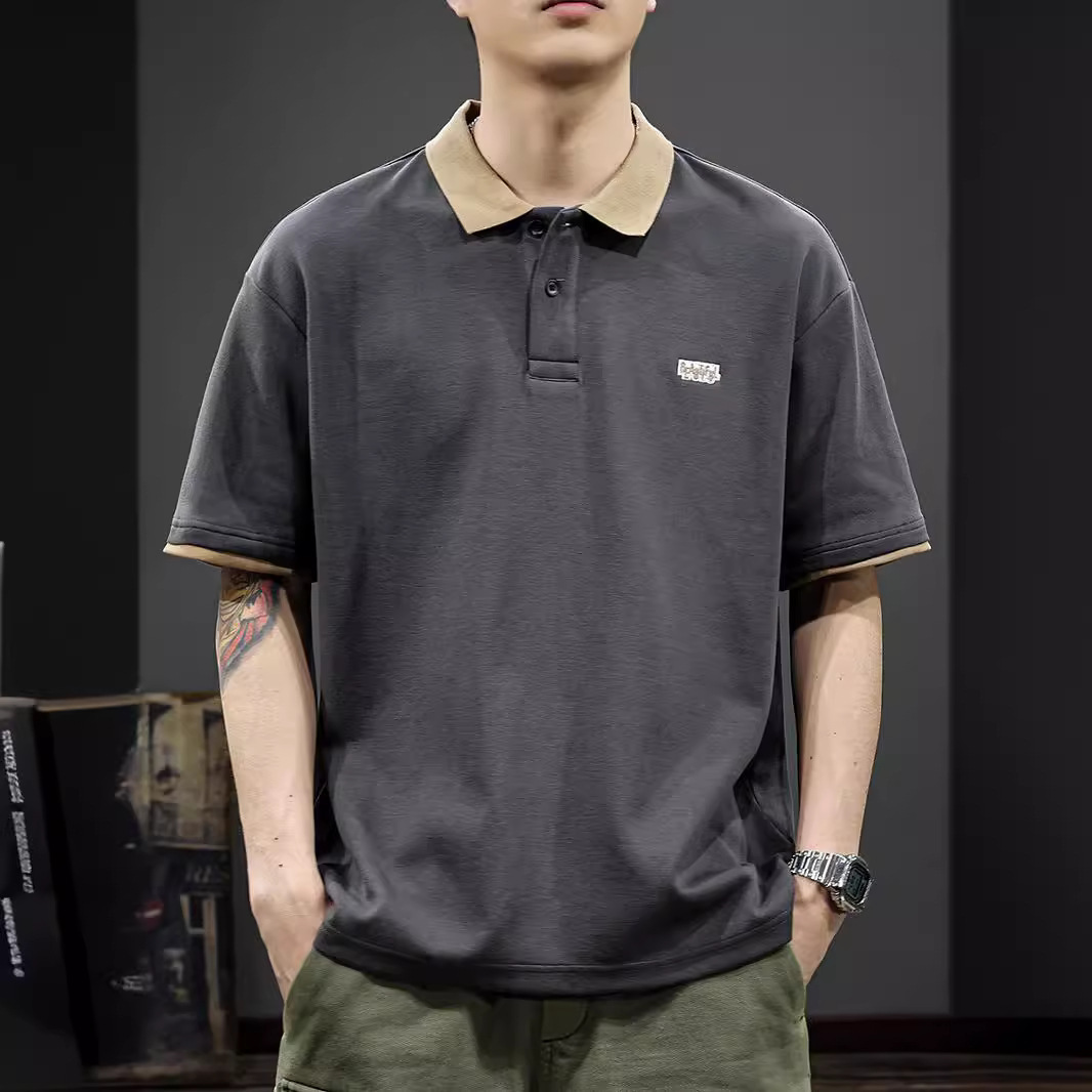 GorgeousBen Short-sleeved polo shirt men embroidered alphabet lapel American color contrast T-shirt