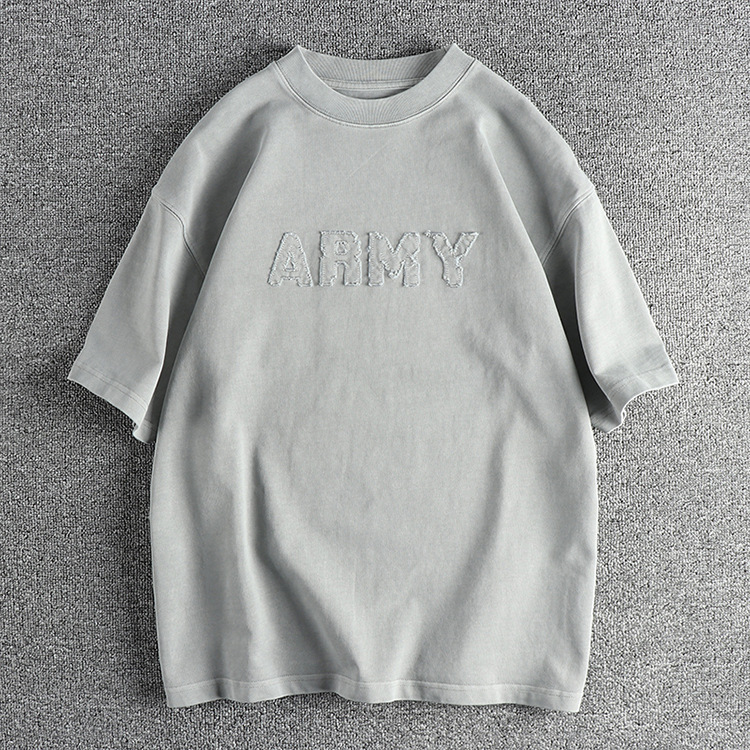GorgeousBen Washed short sleeve T-shirt men's patch letter pattern loose vintage British half sleeve