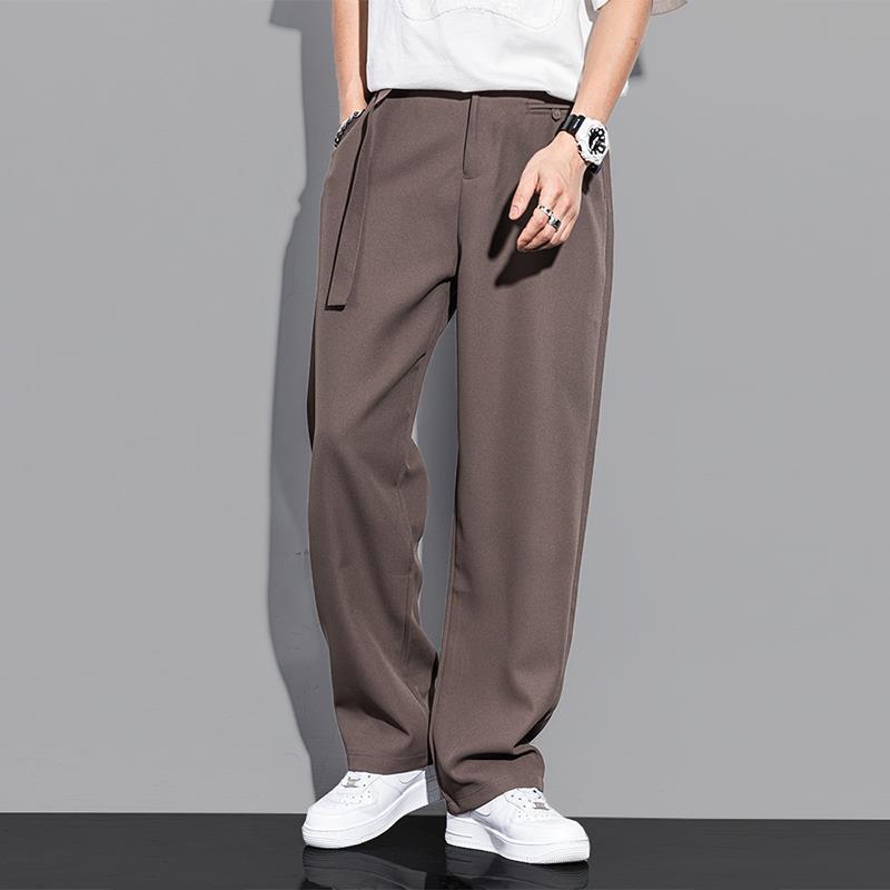 GorgeousBen High hanging casual pants men's suit pants Ice silk wide leg pants loose straight leg trousers