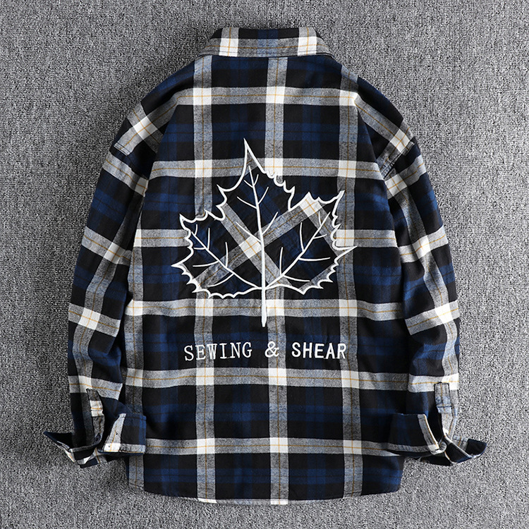 GorgeousBen American vintage woolen plaid long-sleeved shirt men's back embroidery pattern trend all match youth thin coat shirt