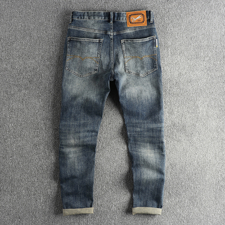 GorgeousBen Embroidery embellished white to do old American vintage jeans men slim small straight leg fashion all-match youth pants