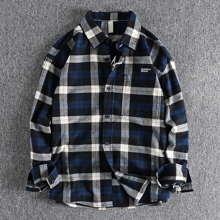 GorgeousBen American vintage woolen plaid long-sleeved shirt men's back embroidery pattern trend all match youth thin coat shirt