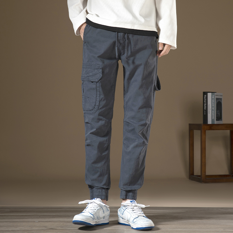 GorgeousBen Men's Side zipper pocket workwear casual pants for men, retro solid color granule texture woven washed wide-leg straight trousers trendy