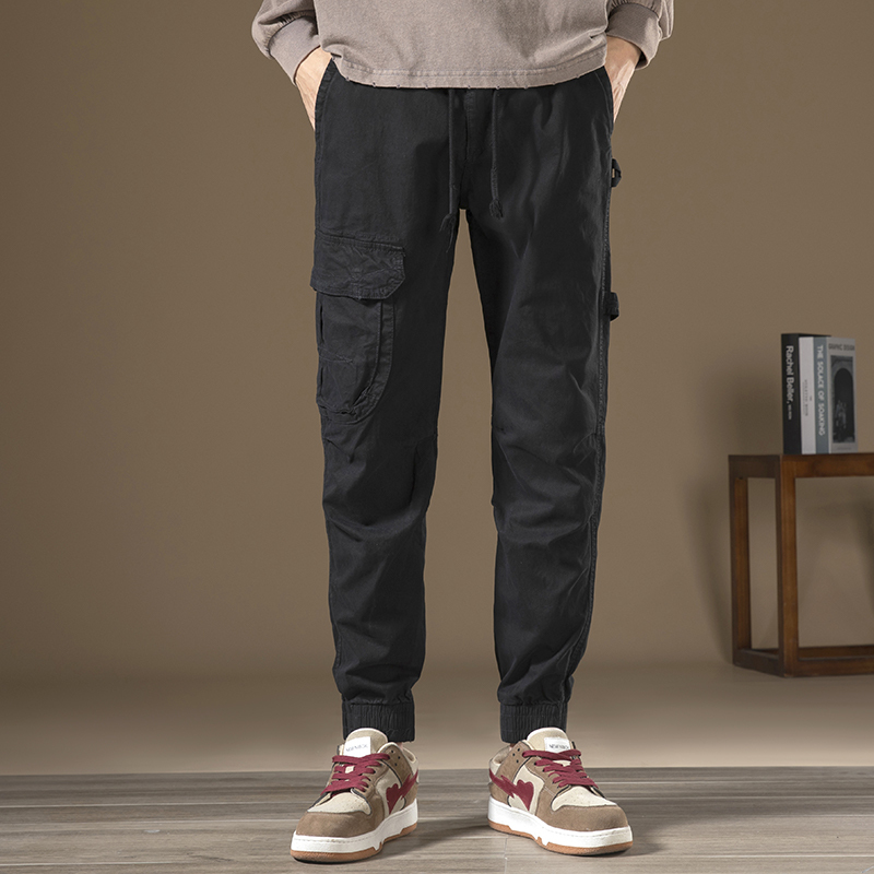 GorgeousBen Men's Side zipper pocket workwear casual pants for men, retro solid color granule texture woven washed wide-leg straight trousers trendy