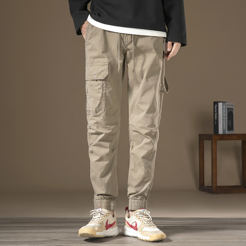 GorgeousBen Men's Side zipper pocket workwear casual pants for men, retro solid color granule texture woven washed wide-leg straight trousers trendy