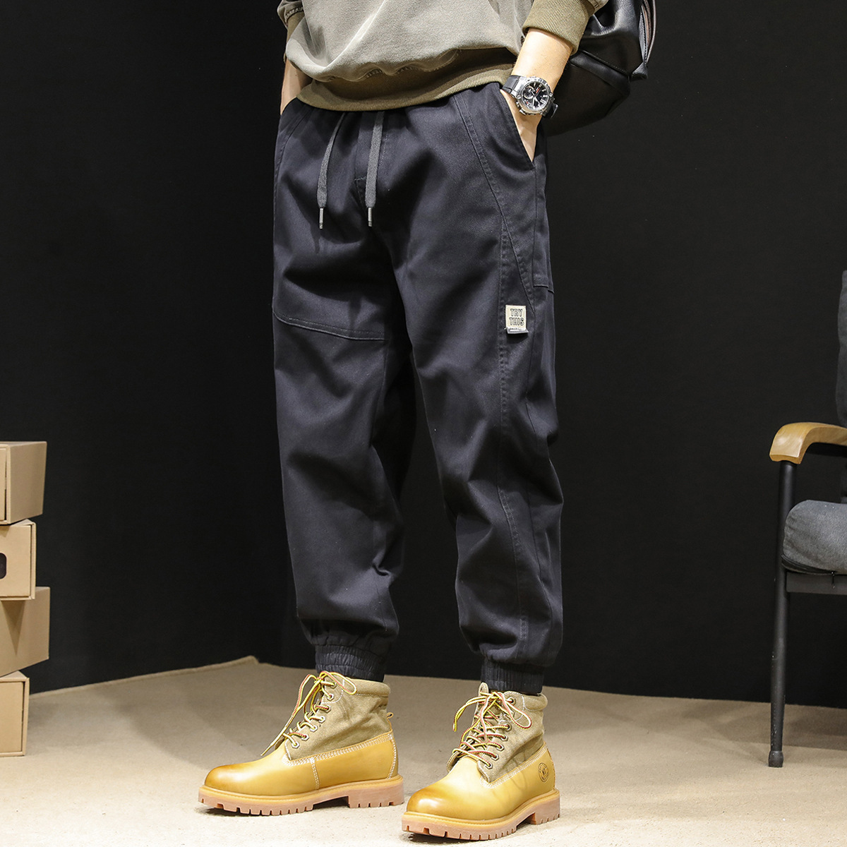 GorgeousBen Cargo pants men's fashion brand loose elastic waist corset feet Harun elastic summer black casual pants for men spring and autumn.