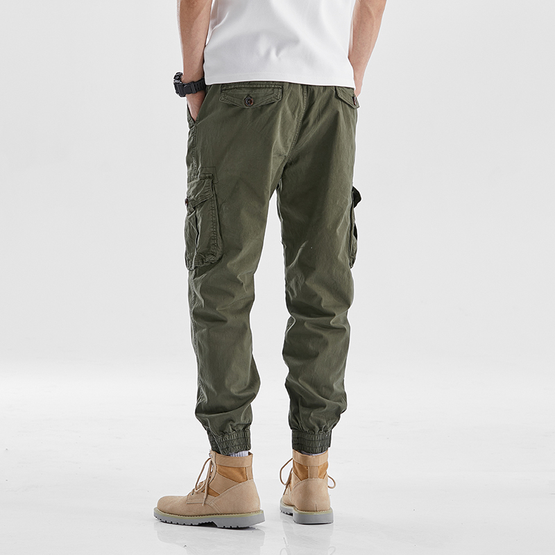 GorgeousBen  Cargo Tactical Pant Men Multi-bag Vertical Multifunctional Straight Canister Foot Pant Draw Rope Army Green Casual Trouser
