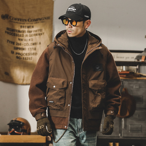 GorgeousBen cargo cotton-padded jacket men 2024 new loose fashion brand cotton-padded jacket men with fleece thickened winter lamb coat.