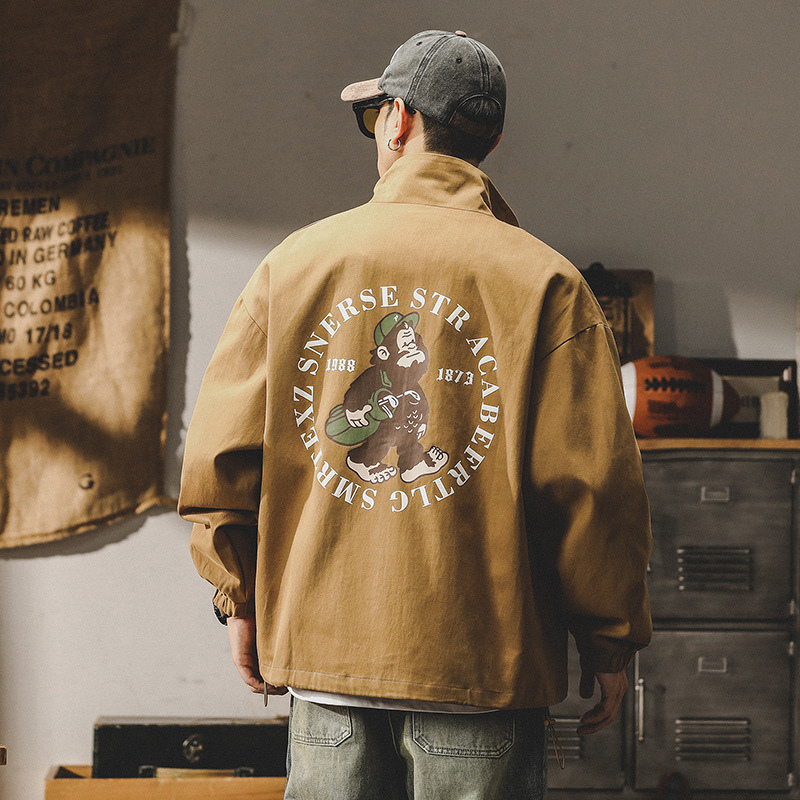 GrogeousBen  Men's American retro trend cartoon print jacket men's autumn and winter loose versatile casual coach jacket outerwear.