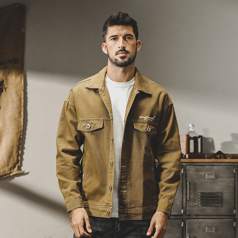 GrogeousBen  Men's American heavy retro workwear jacket men's autumn and winter loose trend casual handsome denim coat outerwear.