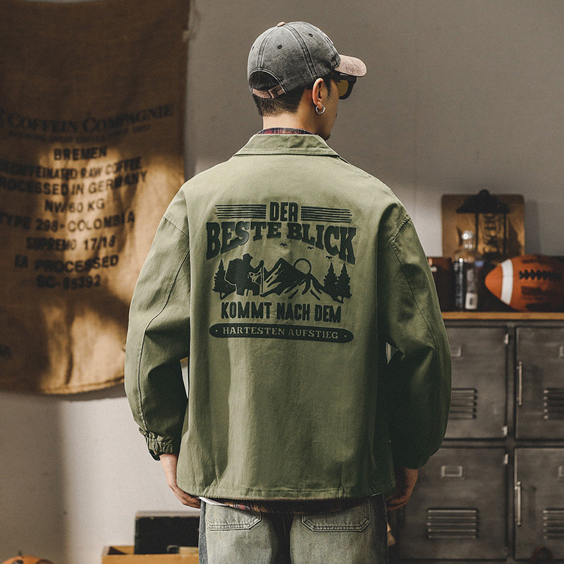 GrogeousBen  Men's American style trendy mountain print pilot jacket men's autumn and winter casual collar coach jacket