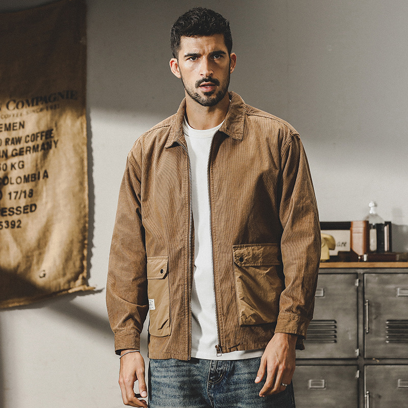 GrogeousBen  Men's Thick striped corduroy shirt jacket for men, autumn and winter style, American retro heavy loose work jacket