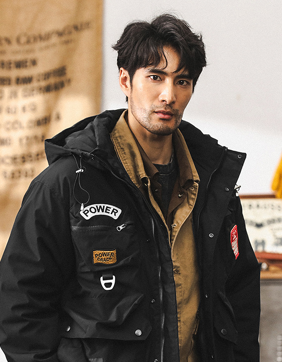 GrogeousBen Vintage multi-pocket cargo down jacket men's winter thickened outdoor hooded tactical functional wind hunting jacket.