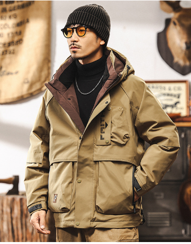GrogeousBen Vintage mountain tie hooded work three anti-down jacket for men winter thickened thermal pie to overcome functional wind coat.