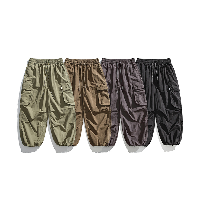 GrogeousBen  men Washed Cotton Cargo Pants Wide Leg Casual Pants 6 Pockets Combat Trousers.