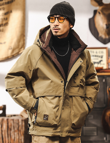 GrogeousBen Vintage mountain tie hooded work three anti-down jacket for men winter thickened thermal pie to overcome functional wind coat.