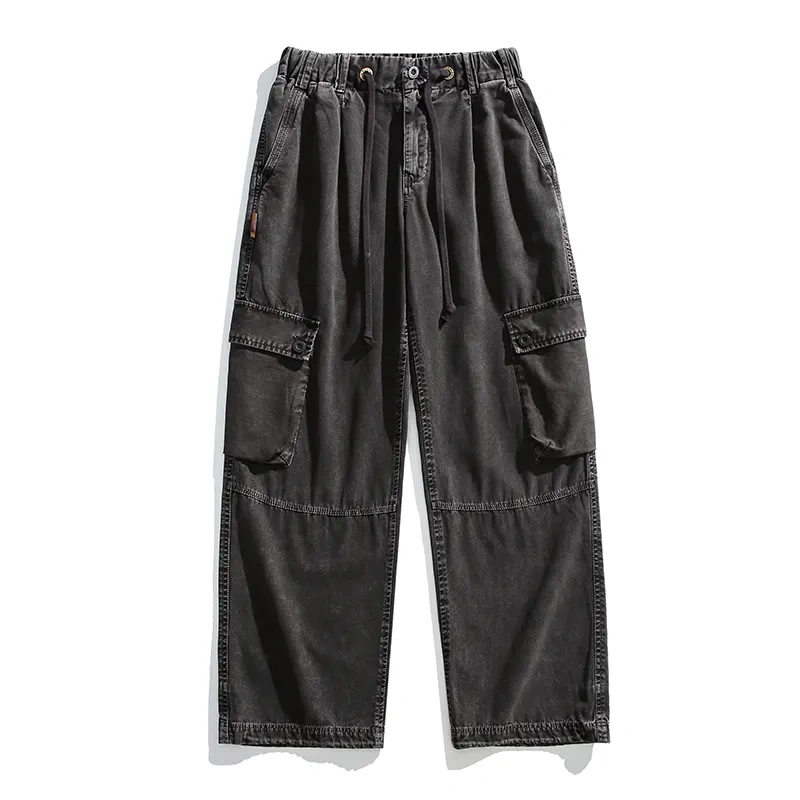 GrogeousBen 2024 New Men's 100% Cotton Elastic Waist Drawstring Loose Outdoor Hiking Streetwear Cargo Pants.