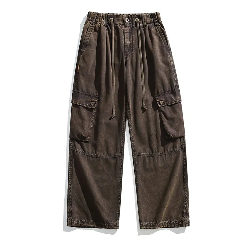 GrogeousBen 2024 New Men's 100% Cotton Elastic Waist Drawstring Loose Outdoor Hiking Streetwear Cargo Pants.