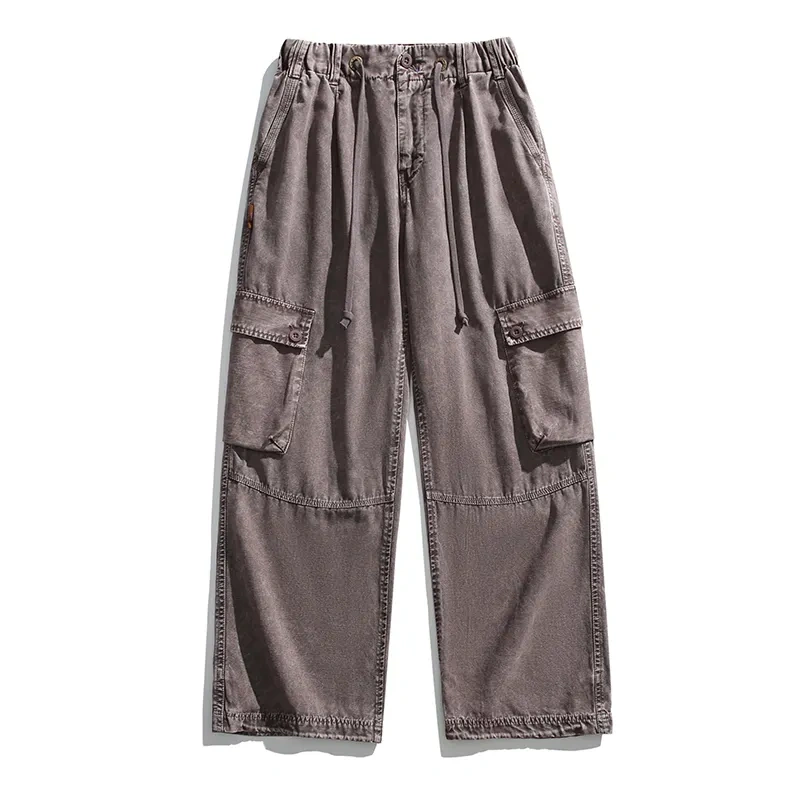 GrogeousBen 2024 New Men's 100% Cotton Elastic Waist Drawstring Loose Outdoor Hiking Streetwear Cargo Pants.