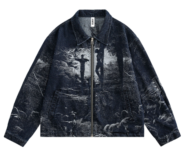 GrogeousBen 2025 New American Trend Dark Denim Jacket with Jacquard Pattern for Men, Spring Hip Hop Minority Collarless Jacket.