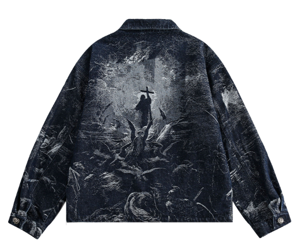 GrogeousBen 2025 New American Trend Dark Denim Jacket with Jacquard Pattern for Men, Spring Hip Hop Minority Collarless Jacket.