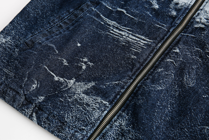 GrogeousBen 2025 New American Trend Dark Denim Jacket with Jacquard Pattern for Men, Spring Hip Hop Minority Collarless Jacket.