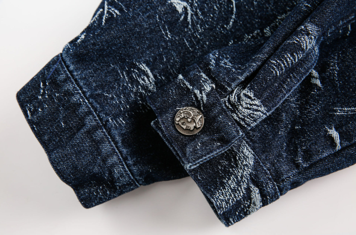 GrogeousBen 2025 New American Trend Dark Denim Jacket with Jacquard Pattern for Men, Spring Hip Hop Minority Collarless Jacket.